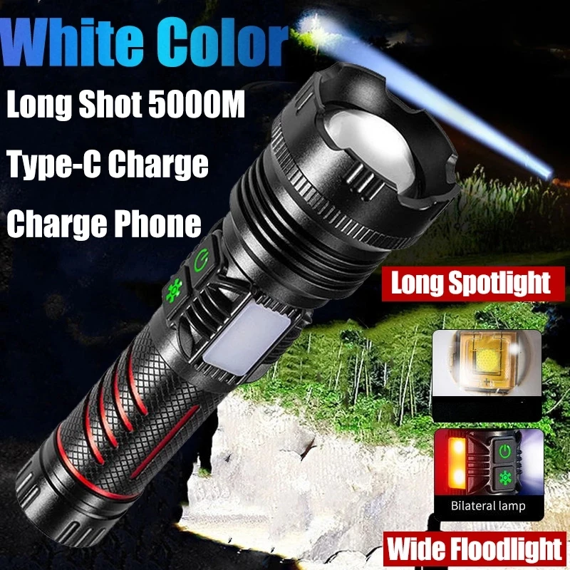 

High Power LED Flashlight Torch with 30W Wick and Double Side Lights Lighting Distance 5000M Waterproof Tactical Hunting Lights
