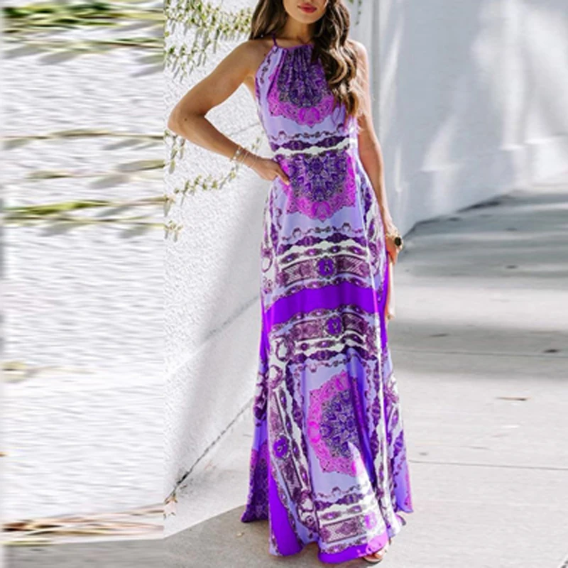 

Sexy Halter Sleeveless Vintage Print Dresses Female Elegant Party Long Dress Summer Fashion Casual Off Shoulder Boho Beach Dress