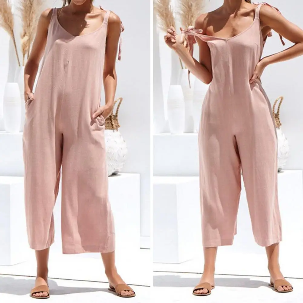 

Summer Women Sleeveless Rompers Loose Jumpsuit O Neck Casual Backless Overalls Trousers Wide Leg Pants 4 Color S-XL for Outdoor