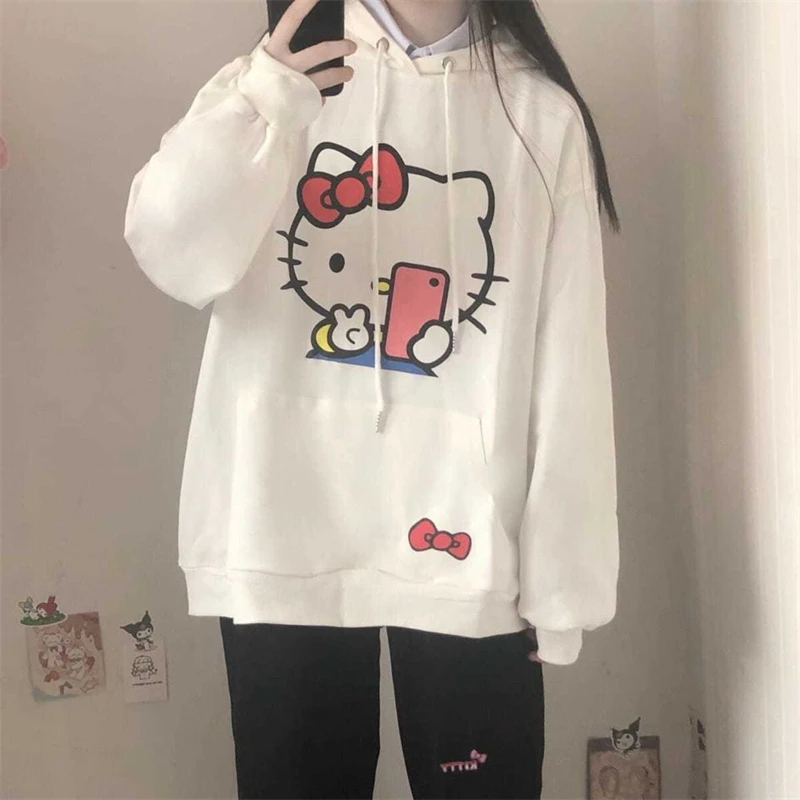 

Sanrioed Hello Kitty Plus Velvet Long-sleeved Sweater Jacket Autumn and Winter Girl Loose Casual Sweater Hooded Cute Gift