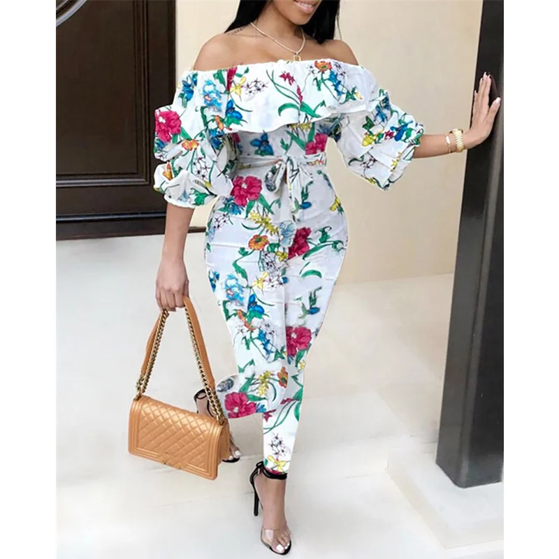 

Women Elegant Fashion Off Shoulder Floral Print Lantern Sleeve Jumpsuit Women Casual High Waist Corset Romper Overalls Onepieces