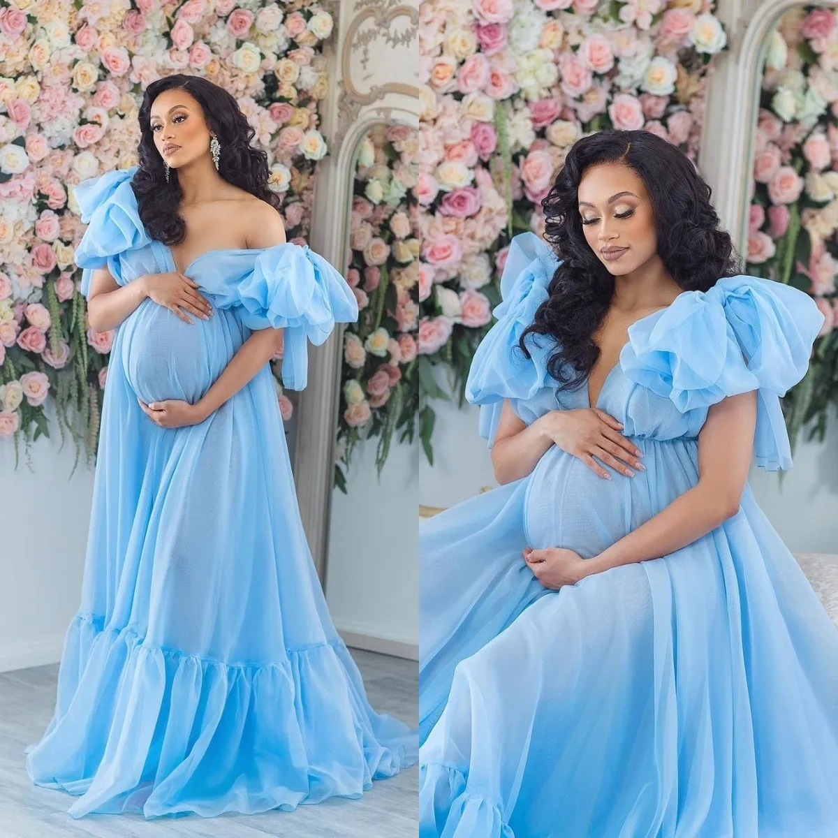 

Платье-кимоно для беременных, ТРАПЕЦИЕВИДНОЕ, небесно-голубое