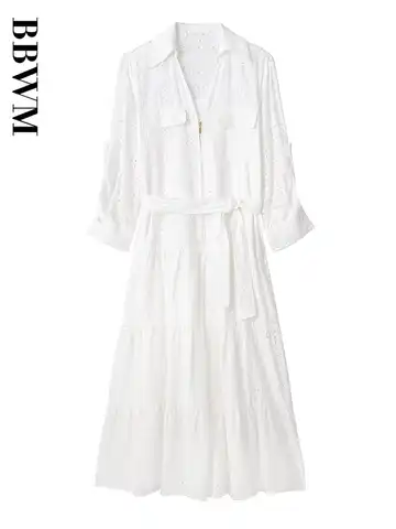 Hollow Embroidery Dress Woman Shirt Long Dress Women Belt Summer Fashion White Dresses 2023 Lapel Midi Dresses Chic Female