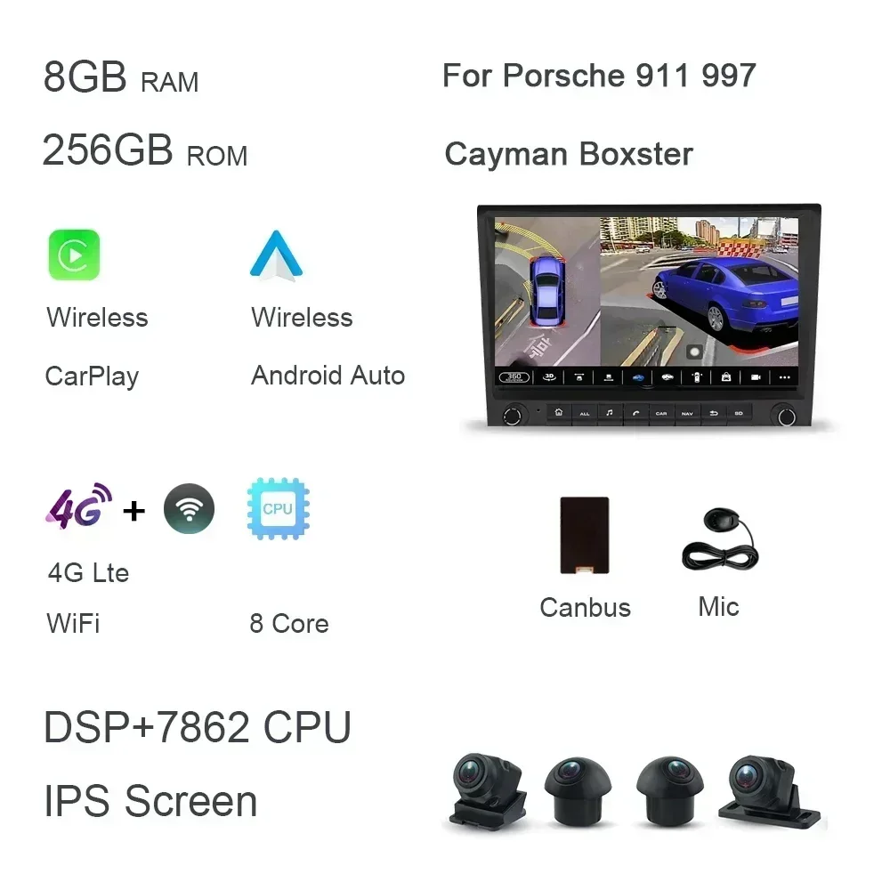 

720P 8 "2 din Android 14.0 автомобильный DVD-плеер 8 ядер 256 ГБ ПЗУ DSP мультимедийный GPS авторадио для Porsche 987 911 997 Cayman Boxster