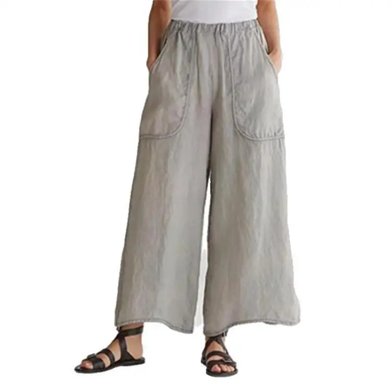 

Women Pants Cotton Linen Loose Solid Color Wide Leg Elastic High Waist Trousers Plus Size 2023 Summer Comfortable