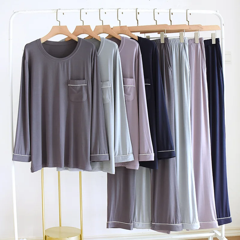 

2023 Modal Long Sleeve T Shirt Pajamas For Men 2 Pieces/Set Spring Summer Male Sleepwear Pocket O Neck Home Clothes Solid Color