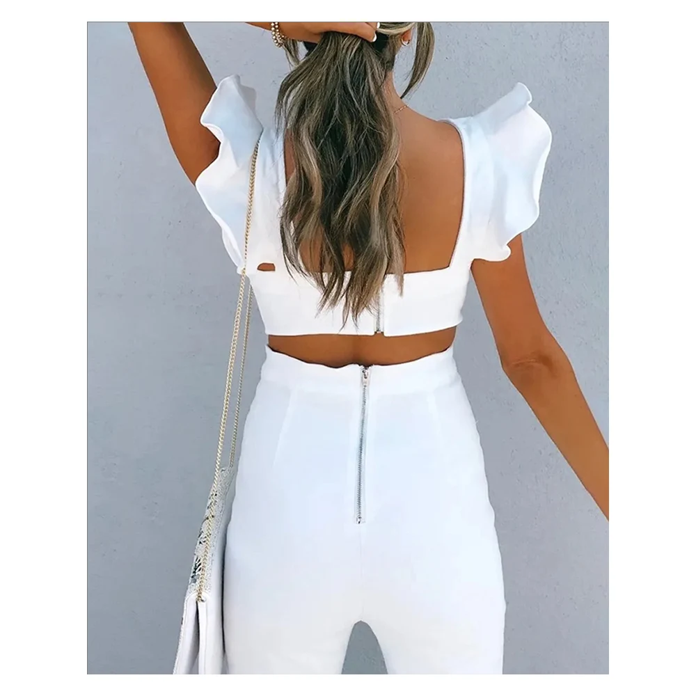 Chicme Women Summer Flutter Sleeve Cutout Ruffle Hem Jumpsuit 2022 New Femme Round Neck Cap Sleeve Oversized Outfits Robe Clothi