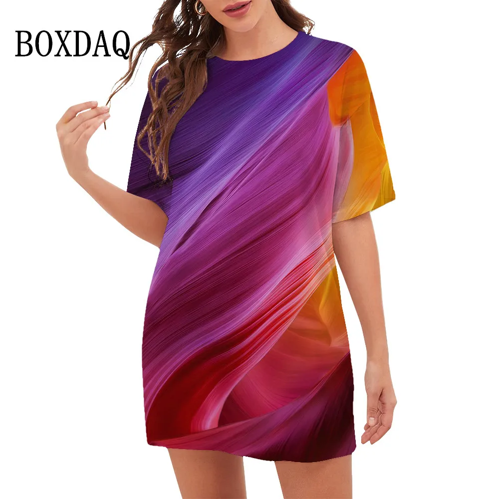 

Colorful Abstract Pattern Dresses For 2023 Women Oversize Clothing Fashion Print Short Sleeve Dress Casual Round Neck Mini Dress