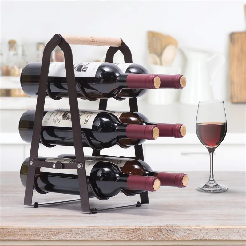 

Foldable Tabletop Metal Wine Display Rack Kitchen Racks and Holders Wine Holding Rack with Wooden Handle