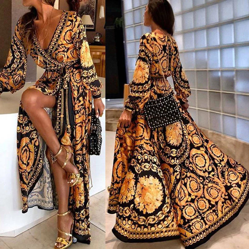 

Womens Boho V-Neck Printed Sundress Long Maxi Dress for Summer