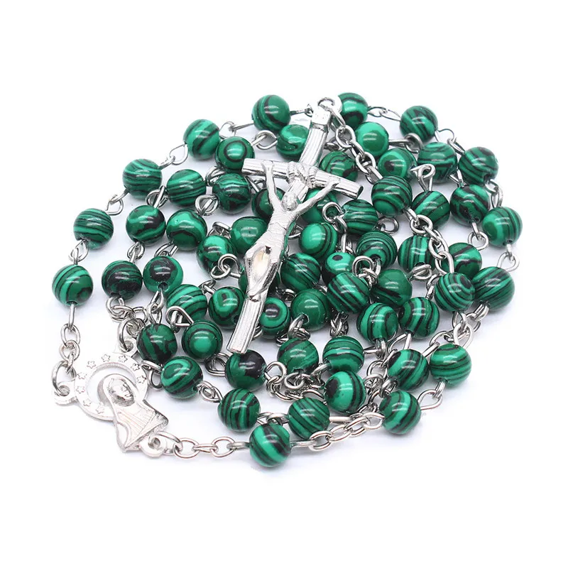 

4Styles Green Rosary Bead Acrylic Malachite Natural Stone Catholic High End Bitter Like Christian Religio Cross Pendant Necklace
