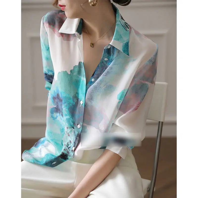 

Autumn Print Blouses Women's Long Sleeve 2022 New Long Sleeve Chic Design Chiffon Shirt Top Single-breasted Tops Mujer