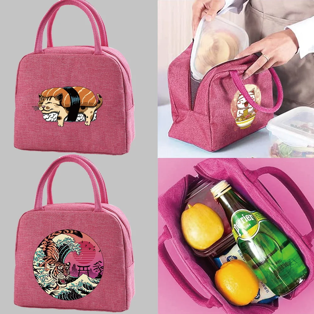 

Insulated Canvas Lunch Bag for Women Cooler Pack Tote Thermal Bag Portable Picnic Bags Japan Cat Series Lunch Bags for Work
