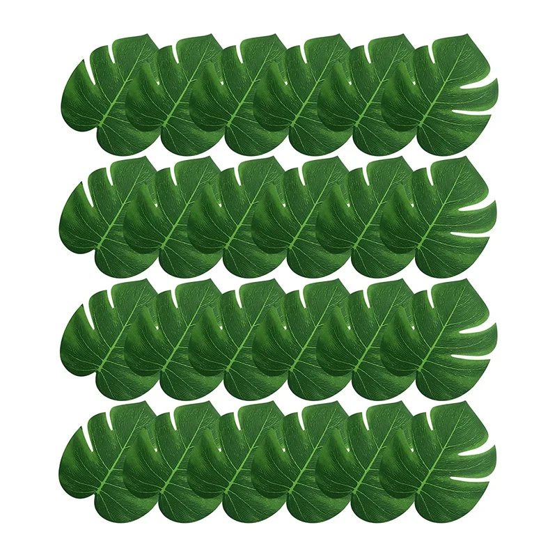 

24 Pcs 8 Inch Artificial Palm Leaves, Tropical Faux Leaves Green Faux Monstera Leaves For Hawaiian Jungle Party Safari