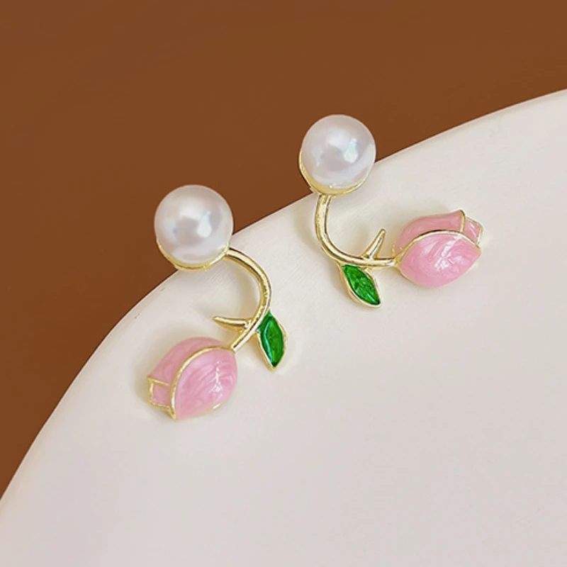 

U-Magical Exquisite Velvet Pink Tulips Plant Dangle Earrings for Women Trendy Imitation Pearl Gold Metal Fairy Earings Jewelry