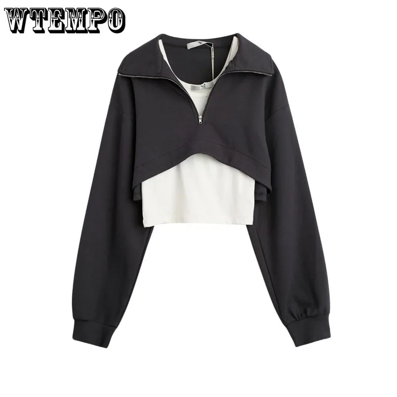 

Two Piece Short Top Women Polo Neck Long Sleeve T-shirt+Slim Vest High Waist Navel Exposed American Retro Korean Fashion Fall