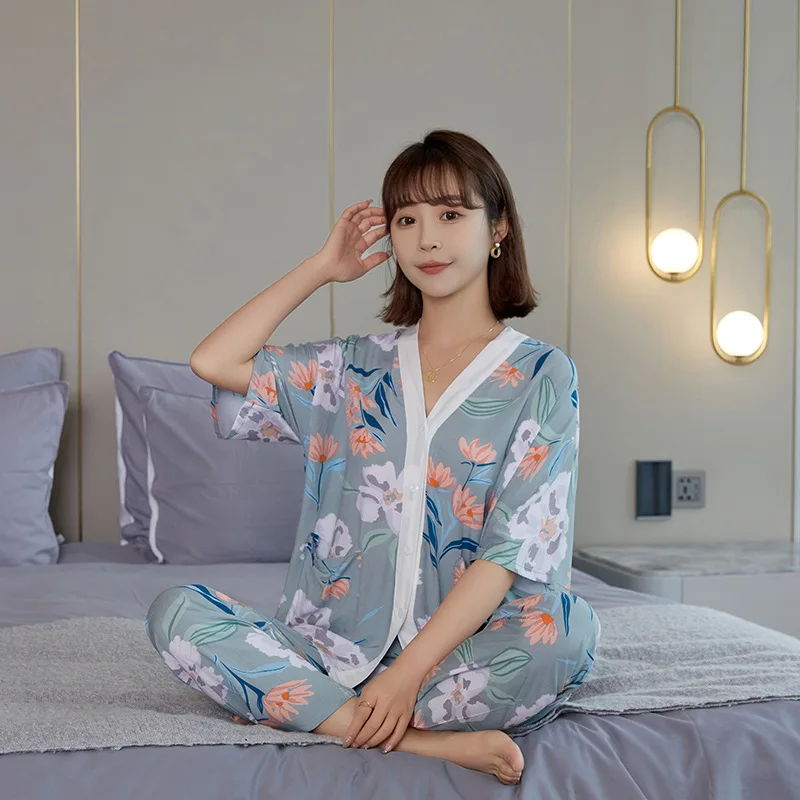 Womens Viscose Pajamas Set Short Sleeve Two-piece Pj Sets Sleepwear Casual Lady Loungewear V Neck Homewear Loose Home Clothes