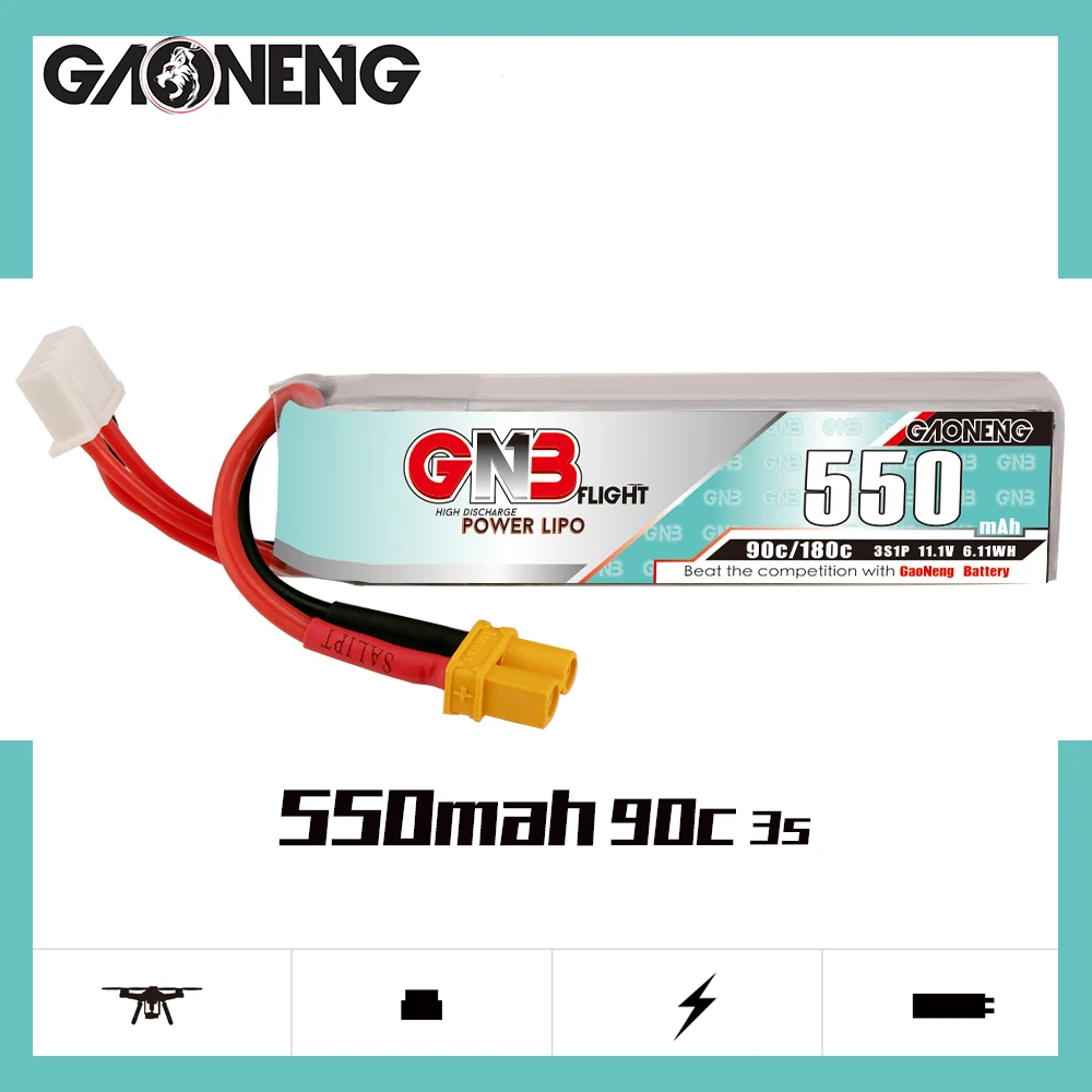 

GAONENG GNB 550mAh 3S 90C 180C 11.1V XT30 LiPo Battery Beta75X Cine Whoop Mini Micro FPV 1.6 To 2 Inches