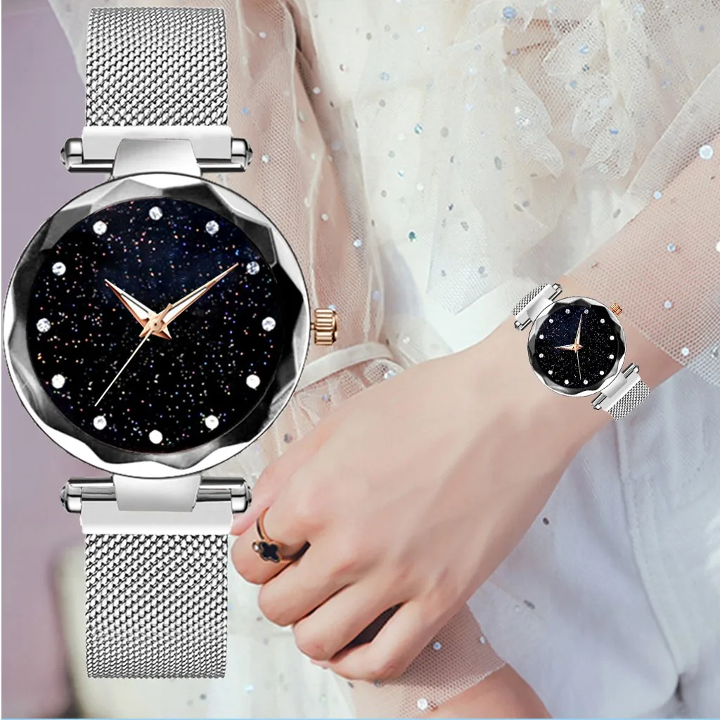 144  Women Quartz Wristwatch Diamond Elegant Luxury Starry Sky Watch Magnetic Band