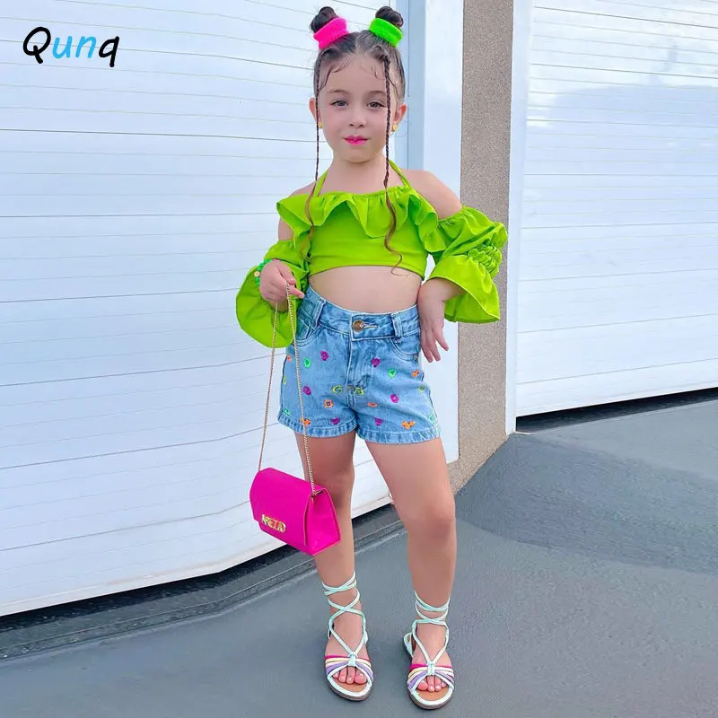 

Qunq 2023 Spring Summer INS New Girls Solid Hang Neck Bind Peplum Sleeves Lovely Crop Pullover Top Casual Kids Clothes Age 3T-8T