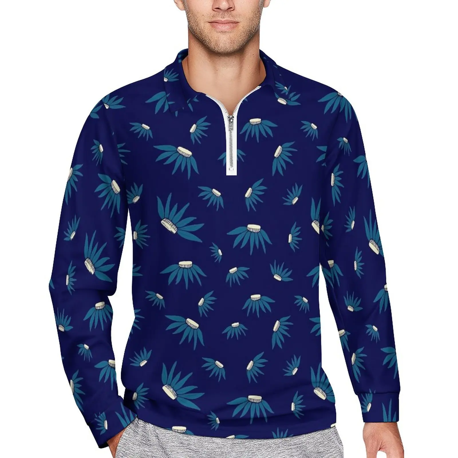 

Blue Daisy Floral Casual T-Shirts Flowers Print Polo Shirts Male Y2K Shirt Autumn Long Sleeve Design Clothing Big Size 5XL 6XL
