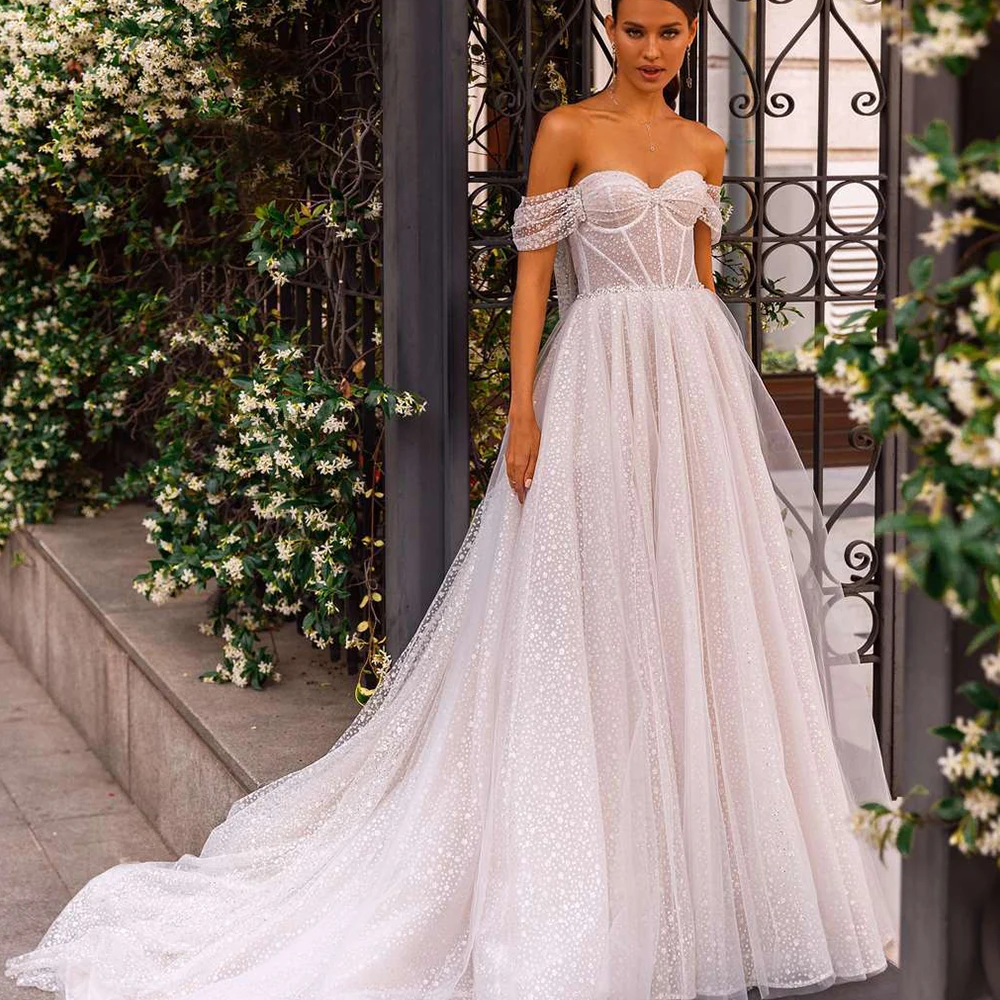 

Exquisite Wedding Dress Sweetheart Off The Shoulder Zipper Backless Bride Gown Court Train A-Line Short Sleeves Vestido De Noiva