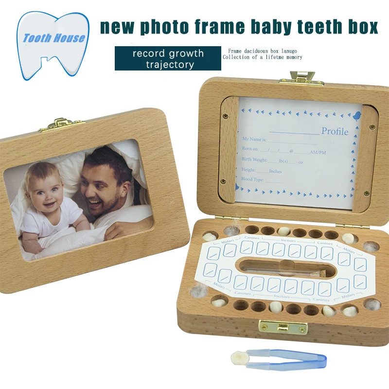 

Baby Boys Girls Teeth Box Wooden Photo Frame Dental Lanugo Storage Commemorative Preservation Box Storage Box Memories English