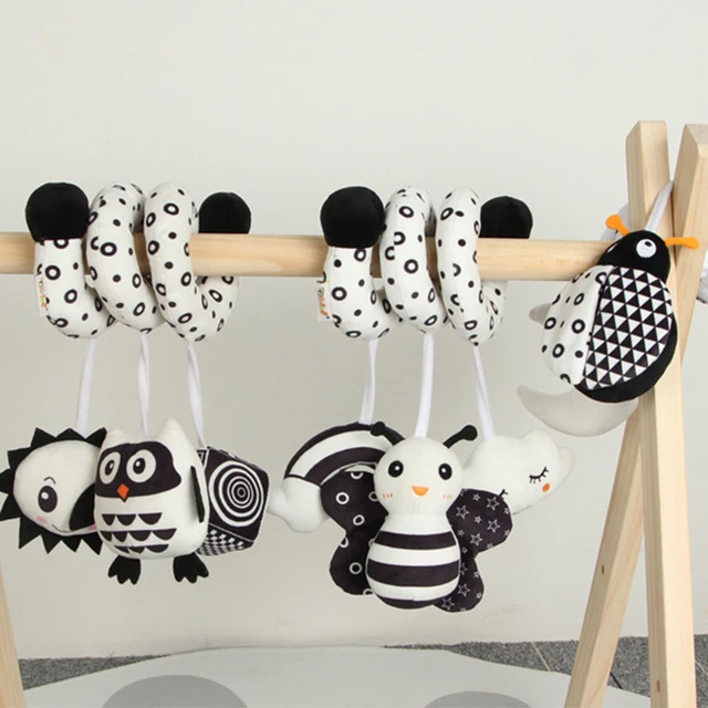 Hanging Toys Car Seat Crib Mobile Infant Baby Spiral Plush Bed Stroller Bar Black and White Color Toy with Rattles BB Squeaker 5