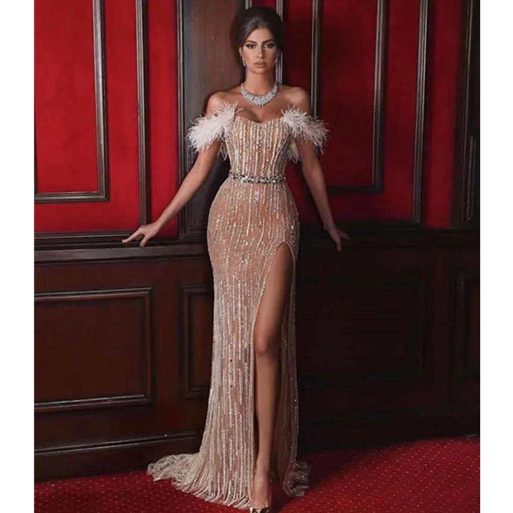 

New Luxury Bodycon Dress 2021 Women Sexy Feather Mesh Sequins Glitter Beige Maxi Long Elegant Evening Party Club Dress Vestidos