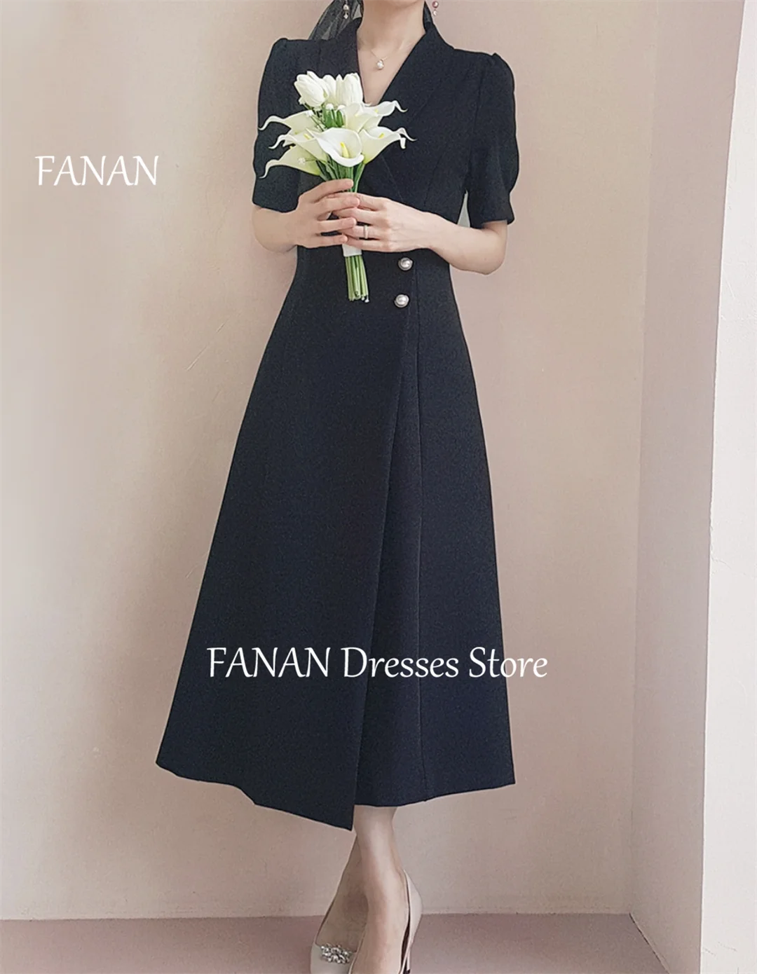 Фото FANAN с v-образным вырезом и короткими рукавами, простые вечерние платья, винтажные корейские черные свадебные женские платья, платья для выпускного вечера по индивидуальному заказу №1