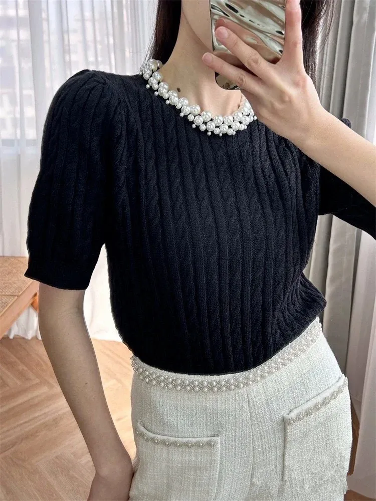 Женский вязаный свитер с круглым вырезом и коротким рукавом