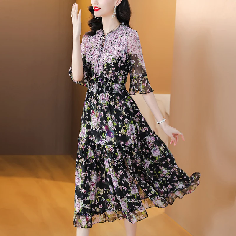 

Платье из натурального шелка, Новинка лета 2023, юбка в стиле ретро из шелка тутового шелкопряда с цветочным принтом для пожилых людей