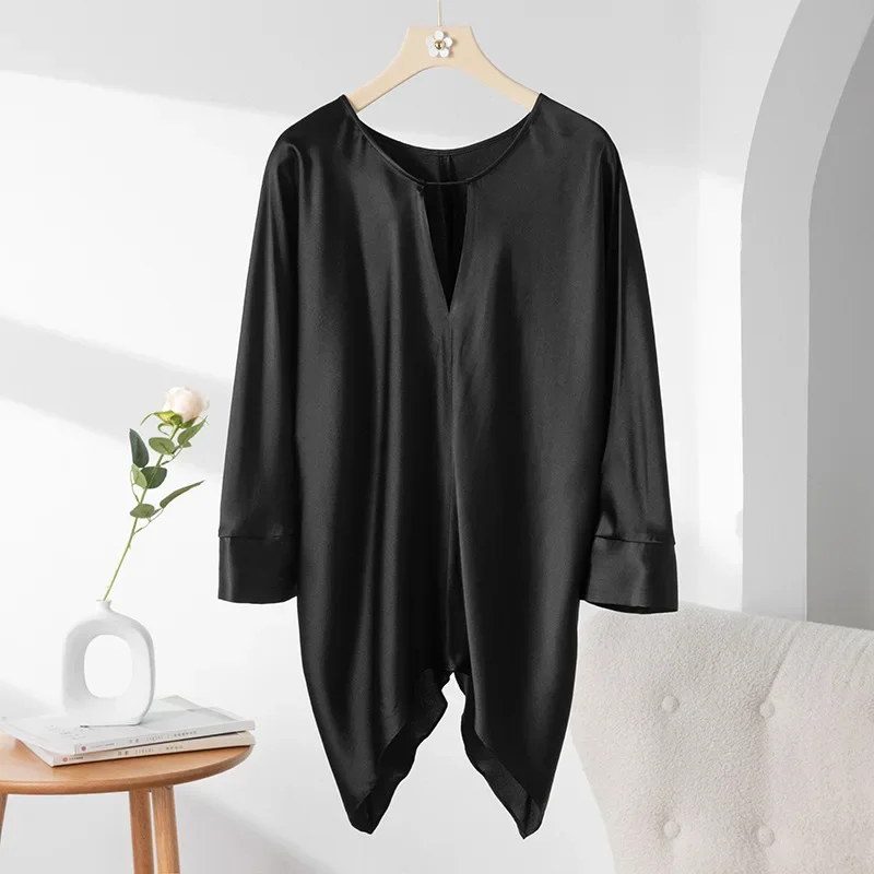 Новая весенне-осенняя женская шелковая рубашка с v-образным вырезом и атласной