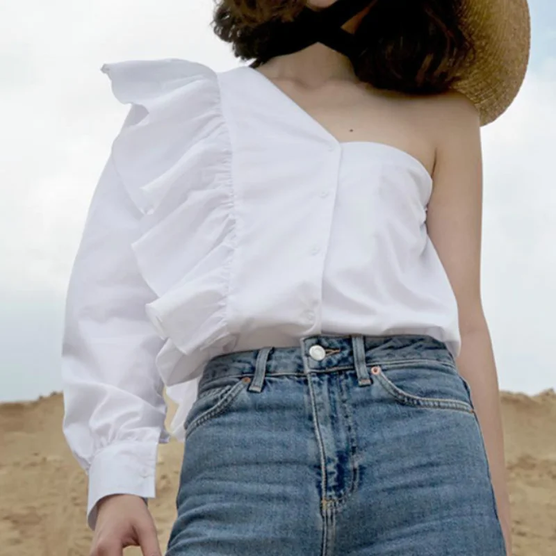 

Sloping Shoulder Collar One-sleeve Top Ruffled Shoulders Solid Color Shirt Single-breasted Fashion Y2k Top Clothes for Women
