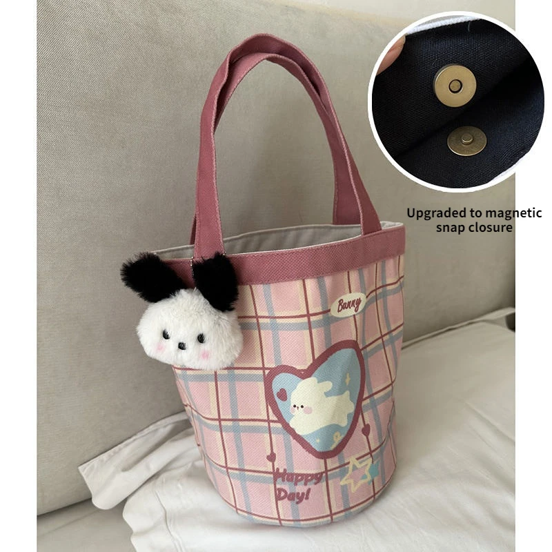 Cute Sweet Cartoon Printed Bucket Bag Portable Canvas Bag Women's Shopping Tote Bag Work Bento Bag Kawaii Women's Handbag