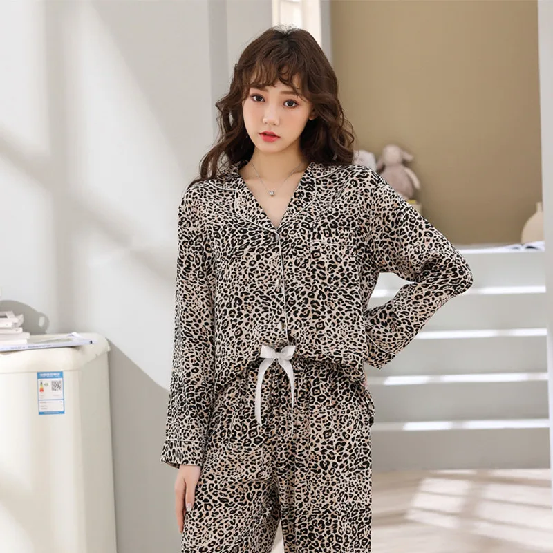 Flower Autumn Pajamas Set Sexy Sleepwear Women Full Sleeve Pyjama Women's Rayon Polyester Fashion Homewear Mom Clothes Set