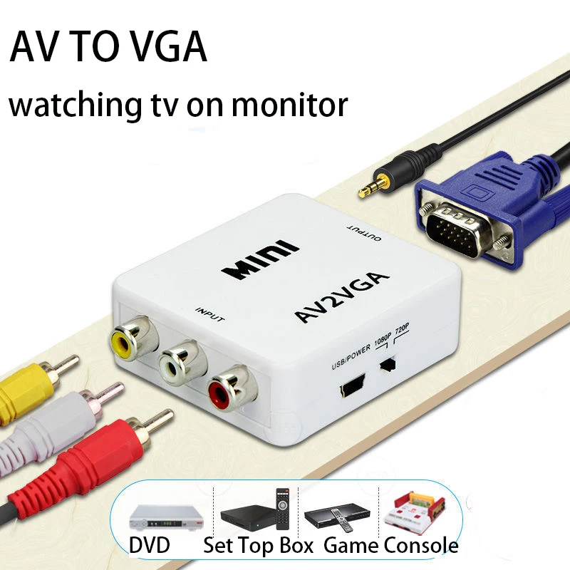

1080P Mini Video Convertor RCA AV to VGA Video Converter Conversor with 3.5mm Audio AV2VGA / CVBS + Audio to PC HDTV