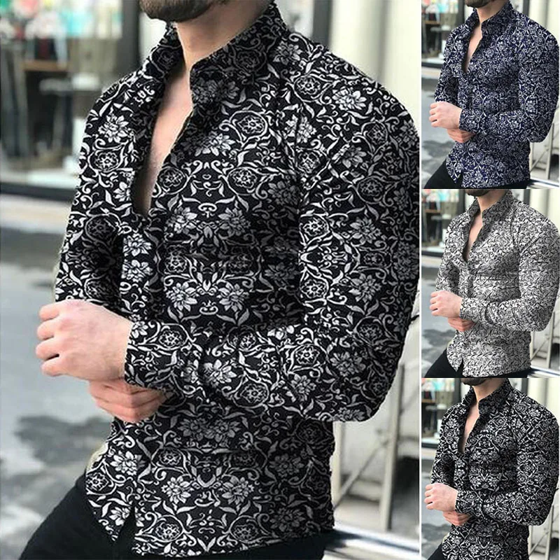 Spring Autumn Shirt Men's Fashion Slim Print Long Sleeve Business Lapel Cotton Blend Single Breasted Men's Cardigan Top S-2XL