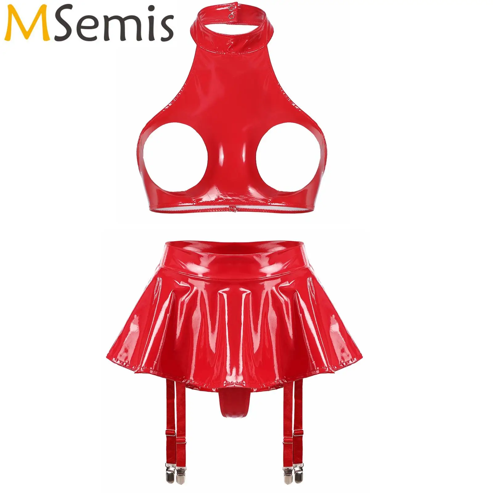 

Womens Sexy Lingerie Set Open Cup Unlined Bra Top with Garter Belt Flare Skirt Built-in Thong Wet Look Patent Leather Clubwear
