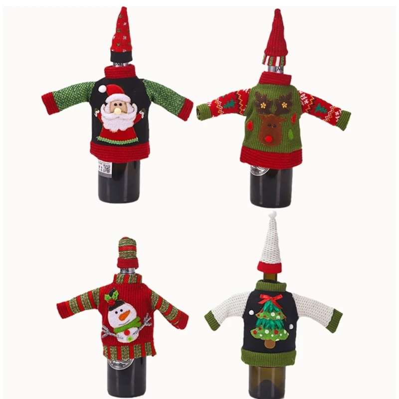 

Christmas Wine Bottle Cover with Hat Party Decorations Xmas Champagne Bottle Kitted Sweater and Hat Diner Table Decor D0LD
