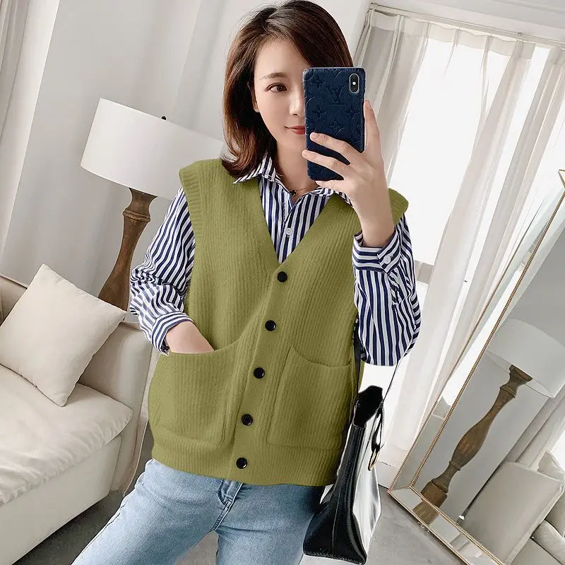 Однотонный простой свитер жилет для женщин винтажный вязаный кардиган без
