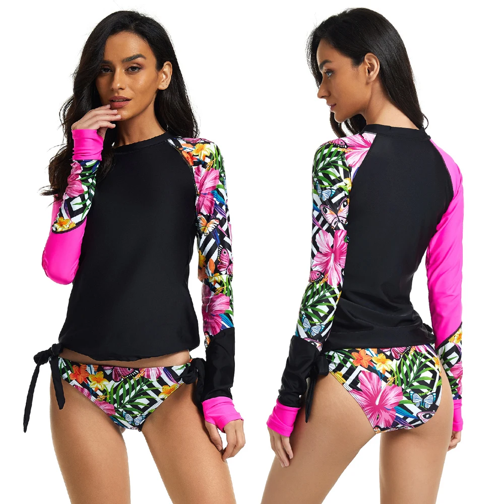 

Colorful 2 Piece Sets Swimsuit With Sleeves Water Clothes Kitesurf Rush Guard Fashionable Women's UV T-shirt Thong Korea Style L