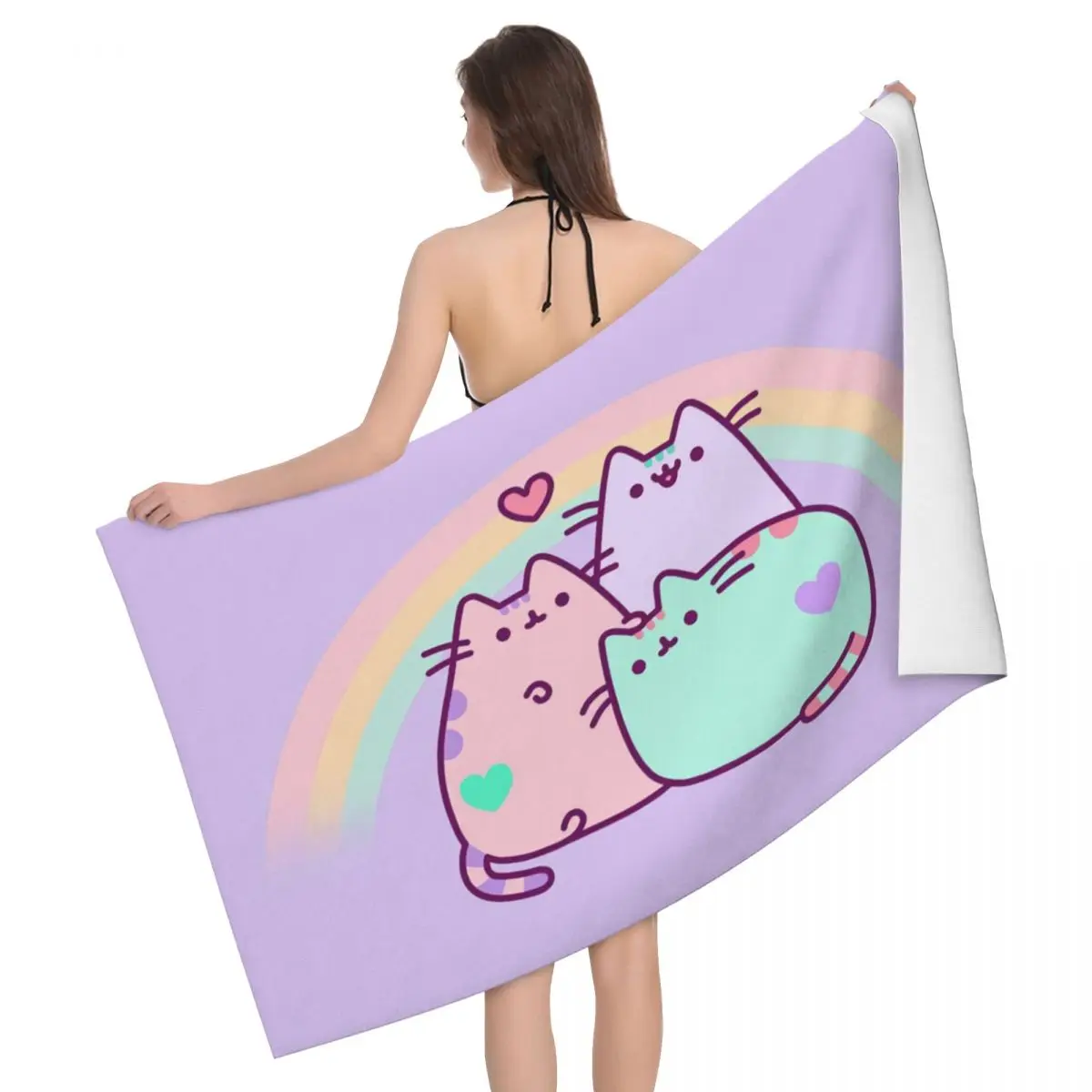 

Pusheen Cat Rainbow Heart Bath Beach Towel Microfiber Catroon Kitten Travelling Swimming Camping Towels
