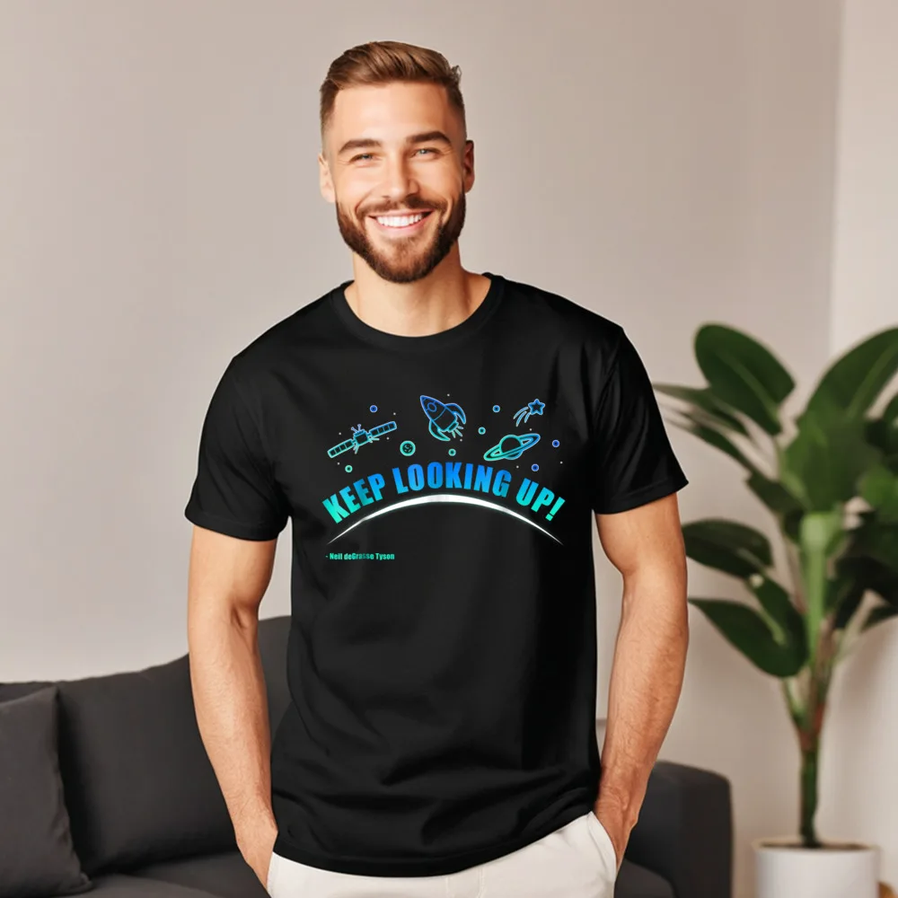 Short Sleeve Tops &amp Tees Round Neck Cotton Fabric Women's T-shirts Neil deGrasse Tyson Keep Looking Slogan Tshirts Funky
