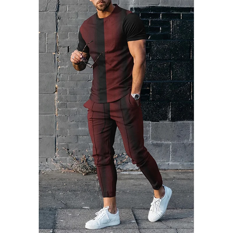 Summer Men's T-shirt Long Pants Tracksuit Geometry 3D Print T Shirts Trousers Set 2 Pieces Streetwear Oversized Suits Sportswear