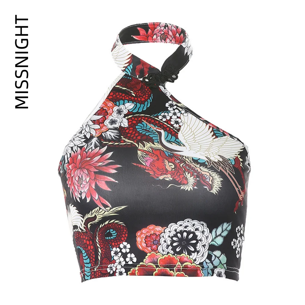 

Missnight Sexy Halter Vest Crop Top Dragon Print Streetwear Women Camis Top Sleeveless Backless Top Party Club Outfits 2022