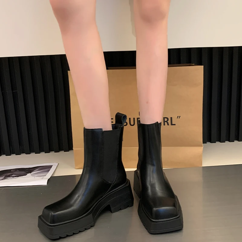 

Women Chunky Chelsea Boots Ankle Mid Heels Winter Shoes 2024 New Goth Motorcycle Boots Fashion Square Toe Designer Femme Zapatos