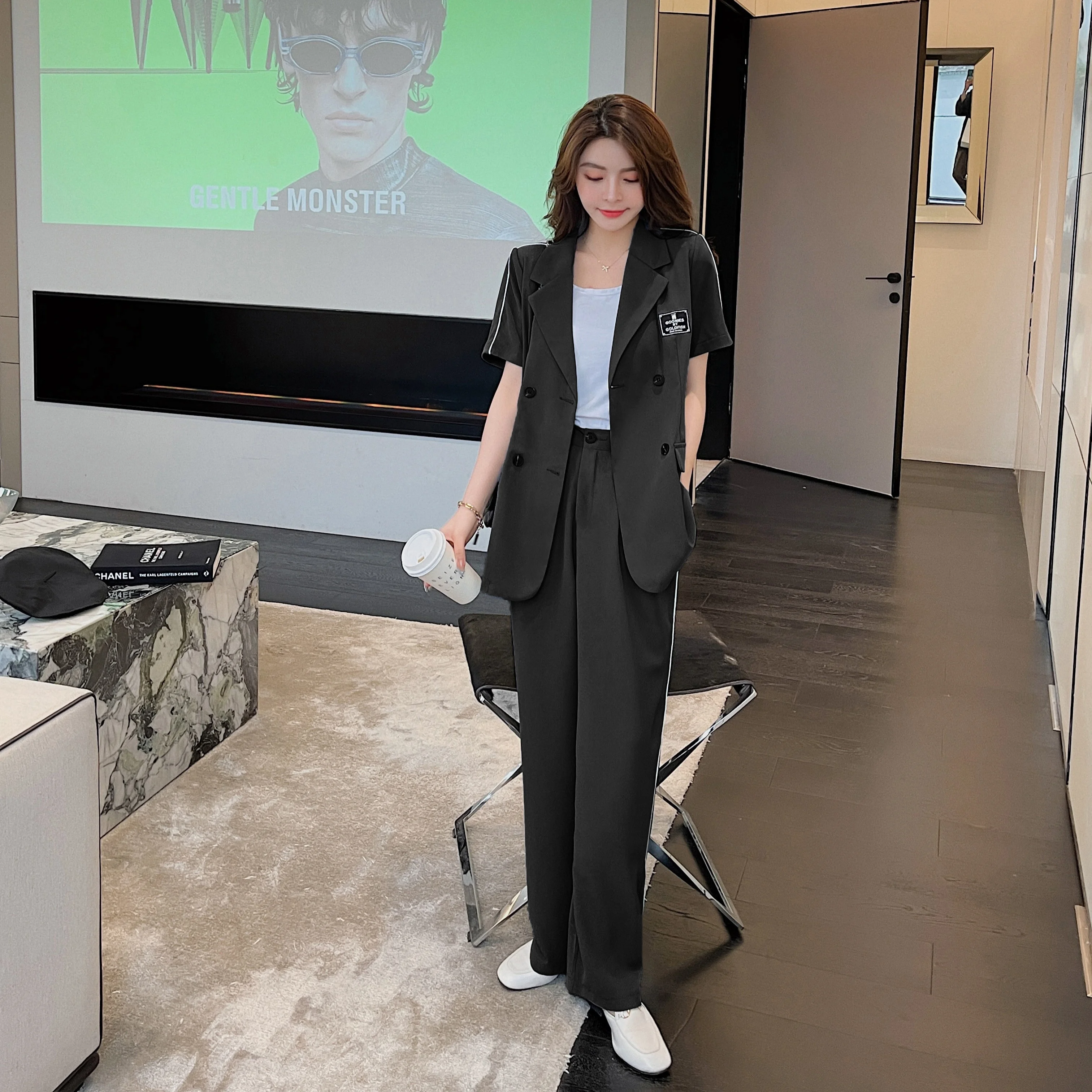 2024 Hong Kong Sle Women Retro Chic Short sleeve Socialite Professional Wide-Leg Pants Three-Piece Suit Set Two-p...