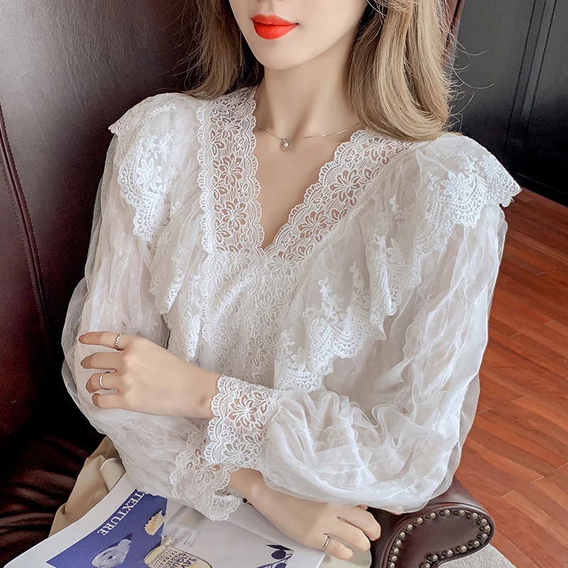 

Womens Elegant Long Sleeve Lace Blouse for Korean Girls Fashion Trends Clothes Teenage Sexy V Neck Tops Office Ladies Streetwear