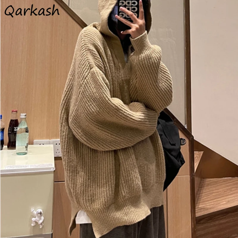 

Pullovers Women Solid Chic Simple Loose All-match Fashion Autumn Knitted Korean Style Harajuku Females New Stretchy Design Ins